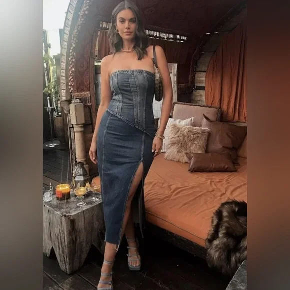 Zara TRF STRAPLESS DENIM MIDI DRESS. Navy Blue. Size XS. New with Tags. - Picture 7 of 10